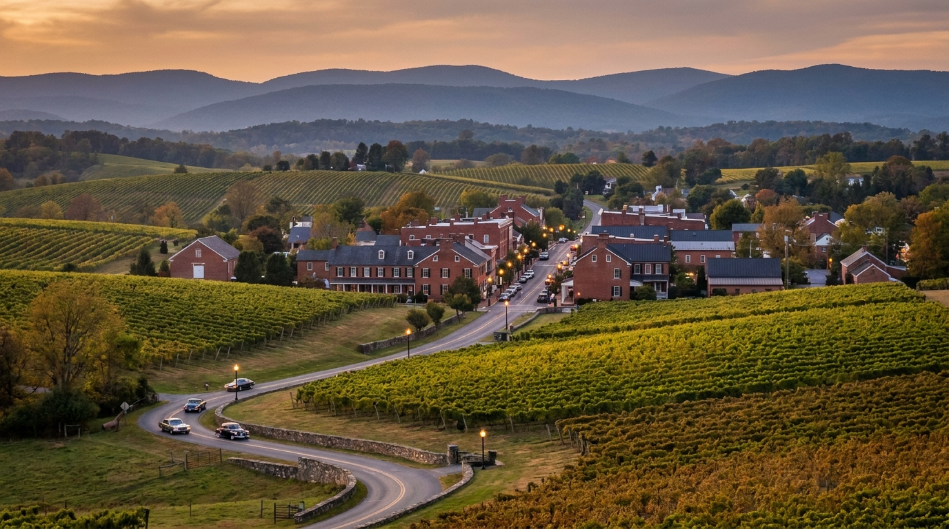 Rolling Northern Virginia vineyards near Leesburg with a historic small-town main street in warm autumn light