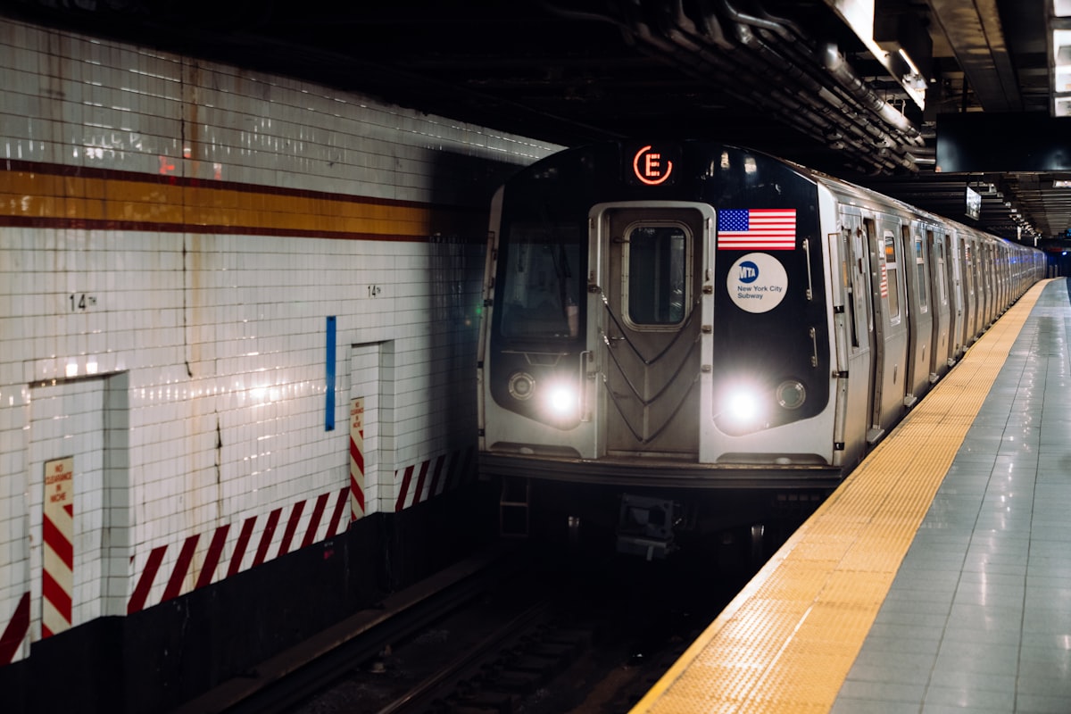 A Metro train at a station platform, illustrative of Arlington, Virginia transit
